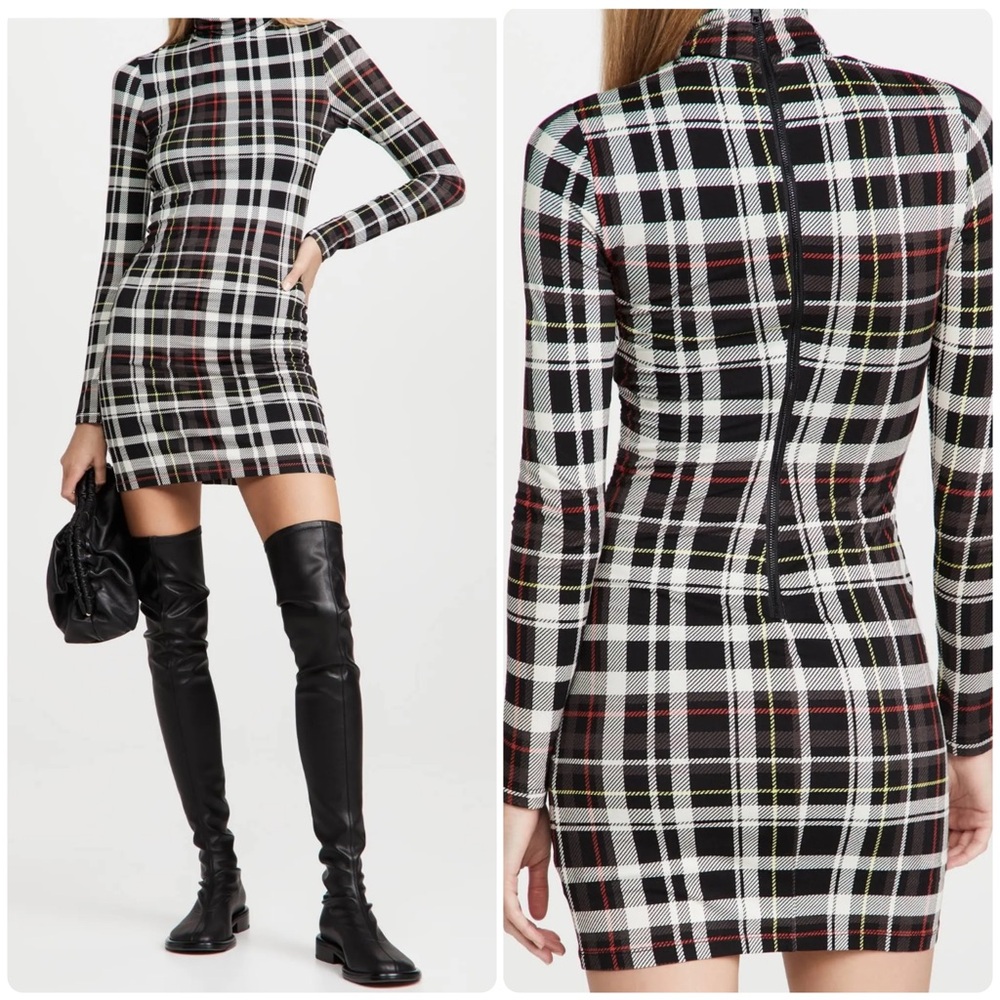 ALICE + OLIVIA Delora Turtleneck Mini Dress Freedom Plaid Black